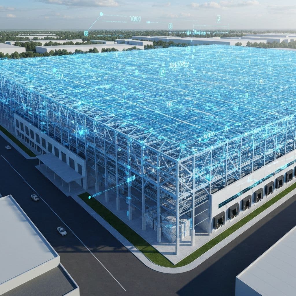 Modern warehouse with digital data overlay - Construction Intelligence visualization